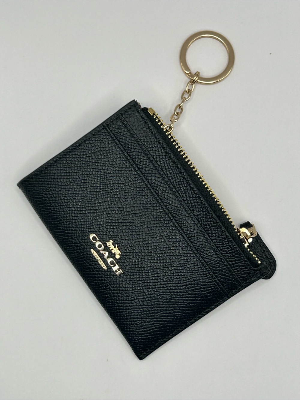 Coach Black Leather Zip Card Case with Gold Key Ring